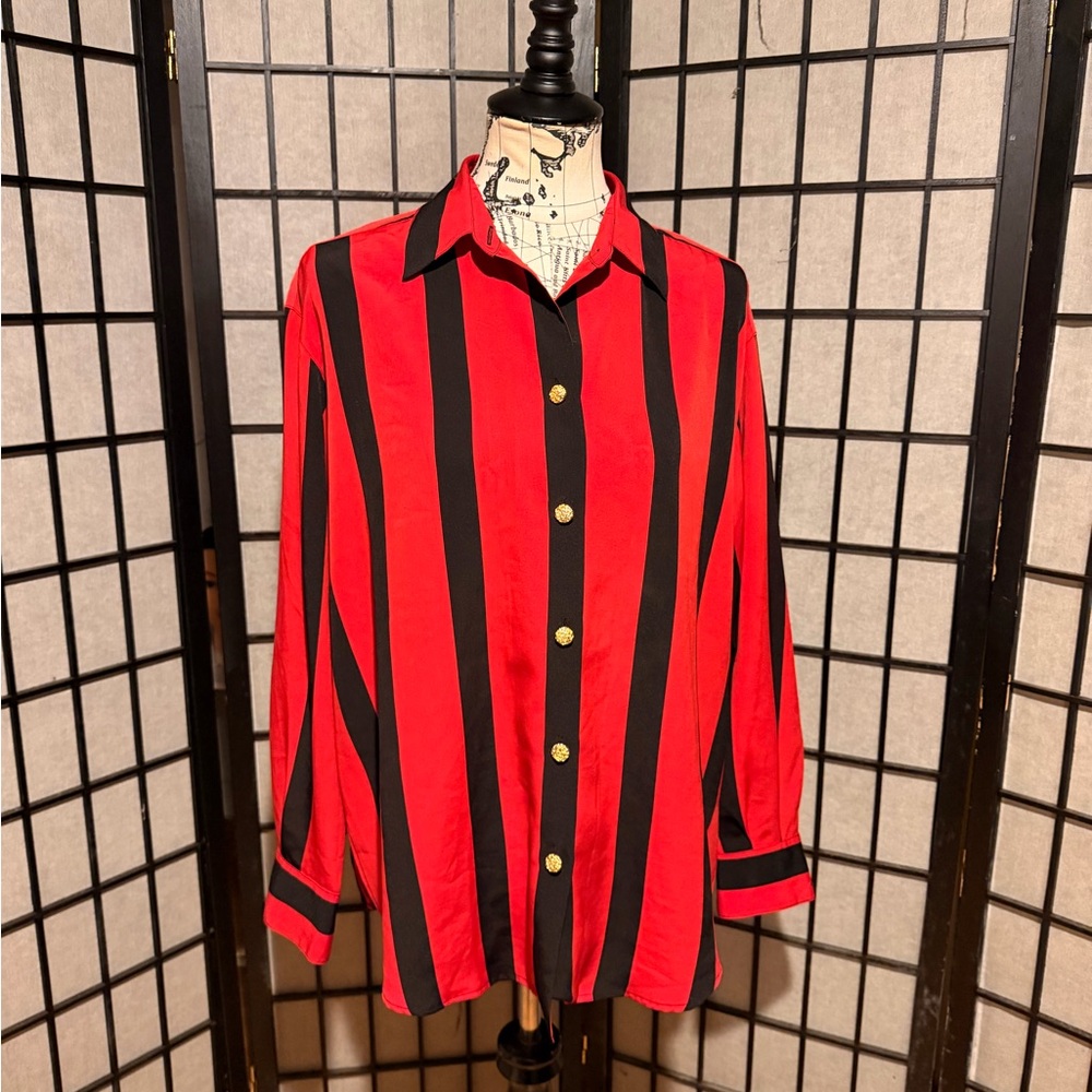 Rafaella Vintage gold button shirt Striped blouse work office Red/Black top 14
